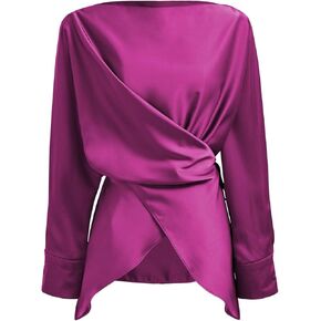 CHICWISH Women Long Sleeve Satin Silk Top Crisscross Waist Boat Neck Elegant Dressy Party Blouse Tunic Tops
