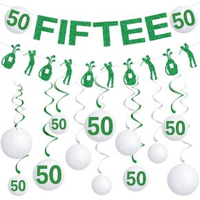 50th Birthday Decorations - 14PCS Golf Birthday Party Decorations 50th Birthday Decorations for Women Men Golf Glitter Fiftee Banner Hanging Swirls 50th Golf Theme Bday Party Decorations