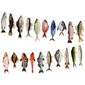 20 Pcs Gone Fishing String Hanging Banner Fish Birthday Party Decorations with 1 Fish Net for Birthday Engagement Retired Outdoor Game Tournament Barbecue Party Backdrop Decor
