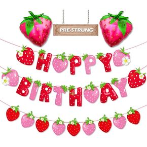 Strawberry Happy Birthday Banner, Strawberry Birthday Decorations with Strawberry Balloons Garland Fruit Banners for Kids Sweet Girls Berry First Birthday Decor Strawberry Party Decorations Supplies