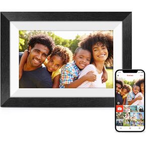 Digital Picture Frame with 10.1" Touchscreen, WiFi Digital Photo Frame with Black Brushed Wood Outer, Share Photo/Video via Frameo APP/Micro SD/USB-C, Built-in 32GB, Great Gift