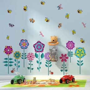 Flower Wall Decals Colorful Butterfly Bee Dragonfly Wall Sticker Peel and Stick Floral Wall Decor for Kids Room Bedroom Nursery Playroom Classroom Decor