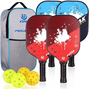 XS XSPAK Pickleball Paddles Set of 4, USAPA Premium Graphite Craft and Fiberglass Polymer Honeycomb Core, Lightweight Pickleball Rackets Including Portable Carry Bag, 4 Balls for Indoor & Outdoors