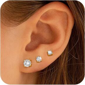 3 Pairs Stud Earrings Set,14K Gold Plated Cubic Zirconia Small Flat Back Earrings for Women Gold Earrings Hypoallergenic Lightweight Cartilage Earring 3-5MM Gold Jewelry Gifts for Women