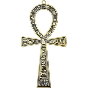 NileCart 7 in. large metal Egyptian ANKH Cross Made in Egypt with an ancient Egyptian hieroglyphic symbols on both sides (Antique Brass Tone)