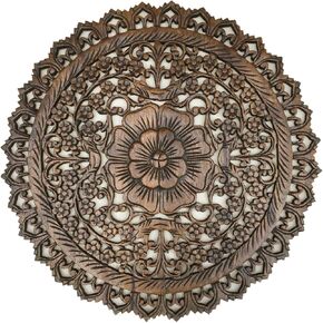 Tropical Bali Wood Carved Wall Art Plaque. Round Wood Wall Decor. Floral Wood Wall Hanging. 24" (Brown)