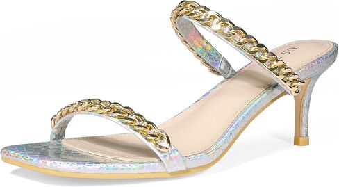 Perphy Snakeskin Print Square Toe Gold Chain Stiletto Heels Strappy Sandals for Women in Kuwait