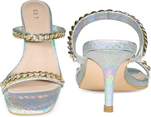 Perphy Snakeskin Print Square Toe Gold Chain Stiletto Heels Strappy Sandals for Women in Kuwait
