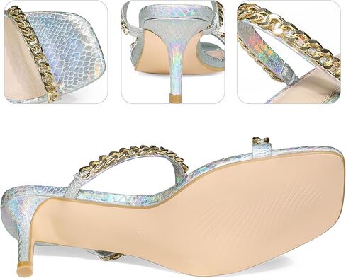 Perphy Snakeskin Print Square Toe Gold Chain Stiletto Heels Strappy Sandals for Women in Kuwait