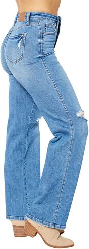 Judy Blue Women's High-Rise Tummy Control Destroyed Knee Straight Jeans - 88785 (Medium Blue, 20 Plus) in Saudi Arabia