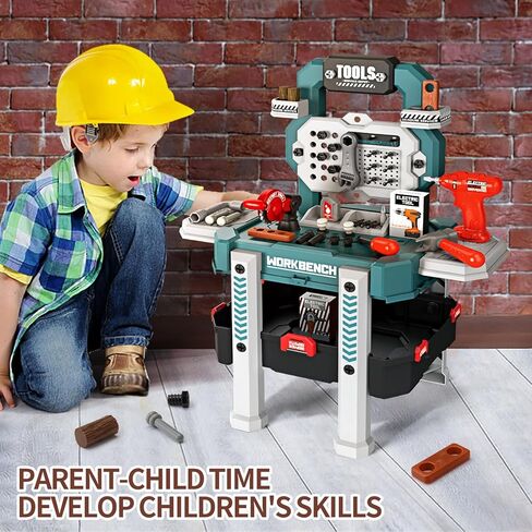 Deejoy Kids Tool Bench with Realistic Tools and Electric Drill, 79 Pcs Transformable Kids Tool Set with Clothes, Toddler Tool Bench Pretend Play Learning Gift for Boys & Girls Age 3-5 (Green) in Kuwait
