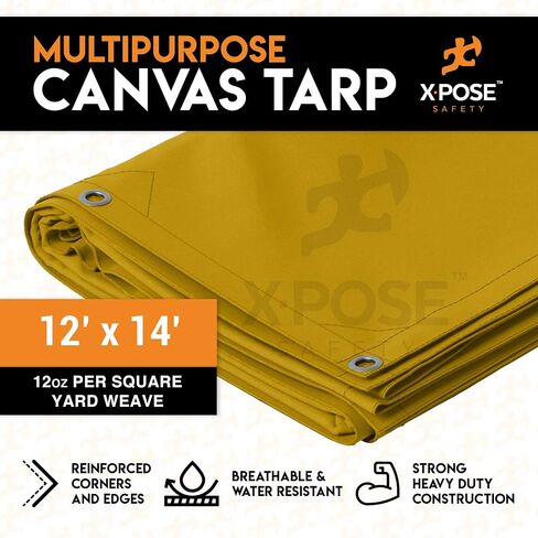 Xpose Safety Canvas Tarp - Tan 12' x 12' Duck Canvas Heavy Duty 12 oz Waterproof with Brass Grommets, Multipurpose Outdoor Waxed Tarpaulin for Camping, Canopy Tent, Trailer, Machinery, Equipment Cover in Saudi Arabia