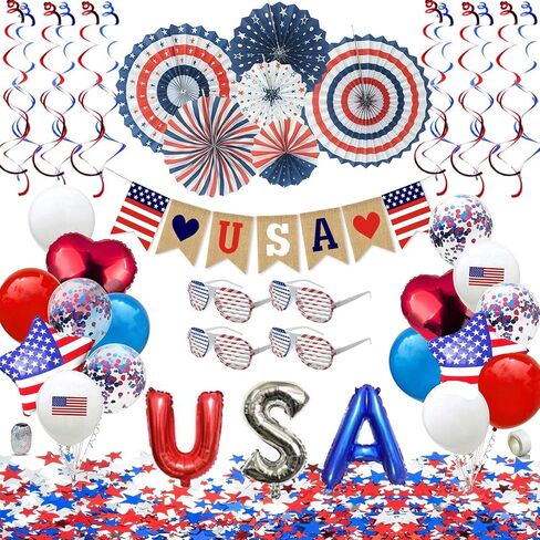Owelleny Patriotic Decorations - American Flag Party Supplies, 45 pcs Patriotic Party Supplies Including Paper Fans, Banner, Shades Glasses, Balloons, Star Confetti, Hanging Swirl in Saudi Arabia