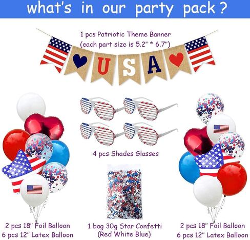 Owelleny Patriotic Decorations - American Flag Party Supplies, 45 pcs Patriotic Party Supplies Including Paper Fans, Banner, Shades Glasses, Balloons, Star Confetti, Hanging Swirl in Saudi Arabia