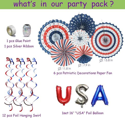 Owelleny Patriotic Decorations - American Flag Party Supplies, 45 pcs Patriotic Party Supplies Including Paper Fans, Banner, Shades Glasses, Balloons, Star Confetti, Hanging Swirl in Saudi Arabia