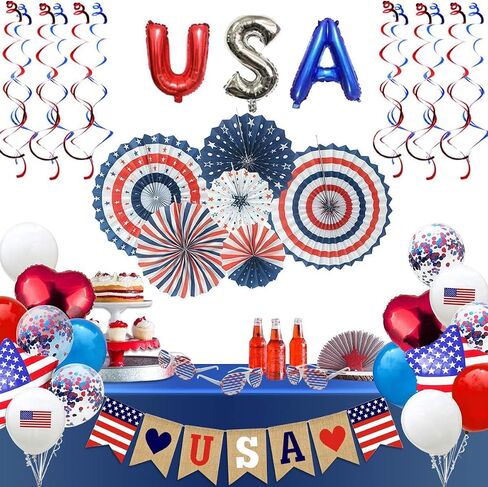 Owelleny Patriotic Decorations - American Flag Party Supplies, 45 pcs Patriotic Party Supplies Including Paper Fans, Banner, Shades Glasses, Balloons, Star Confetti, Hanging Swirl in Saudi Arabia