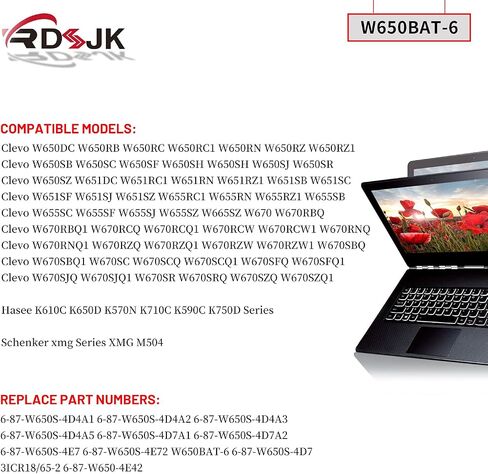W650BAT-6 Battery for Clevo W650S W650SB W650SH W650SZ W651SC W655SF W655SJ W670SR Hasee K610C K650D K570N K710C K590C K750D 6-87-W650S-4E7 6-87-W650S-4D4A2 6-87-W650S-4D4A5 W670SJQ W665SZ 62.16Wh in Saudi Arabia