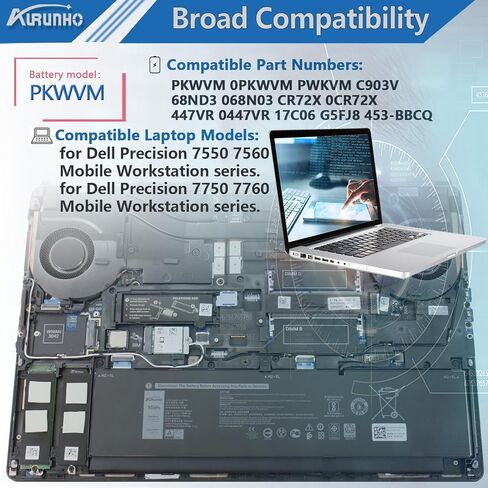 PKWVM 95Wh استبدال بطارية الكمبيوتر المحمول لمحطة العمل المحمولة Dell Precision 7550 7560 7750 7760 P44E P93F P44E001 P44E002 P93F001 P93F002 C903V CR72X 17C06 0CR72X 0447VR 068N03 453-BBCQ 11. 4 فولت in Saudi Arabia