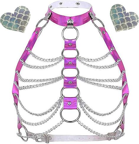 Women Festival Punk Waist Belt Body Chain Faux Leather Harness EDM Rave Clothes Choker Chain Holographic Caged Bra Belt in Saudi Arabia