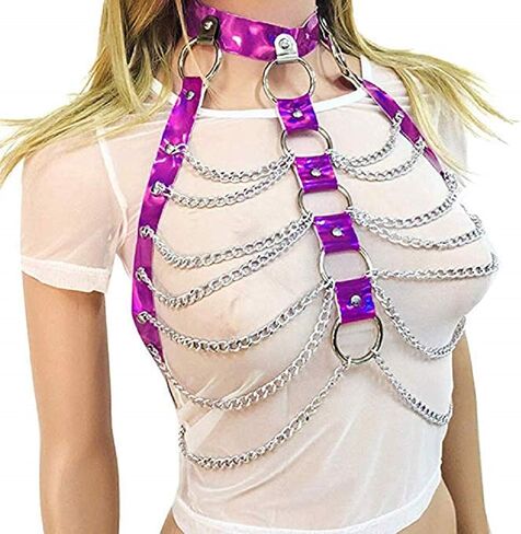 Women Festival Punk Waist Belt Body Chain Faux Leather Harness EDM Rave Clothes Choker Chain Holographic Caged Bra Belt in Saudi Arabia