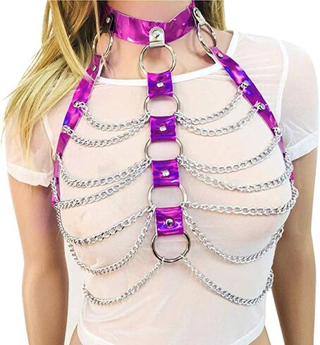 Women Festival Punk Waist Belt Body Chain Faux Leather Harness EDM Rave Clothes Choker Chain Holographic Caged Bra Belt in Saudi Arabia