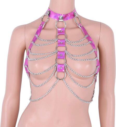Women Festival Punk Waist Belt Body Chain Faux Leather Harness EDM Rave Clothes Choker Chain Holographic Caged Bra Belt in Saudi Arabia