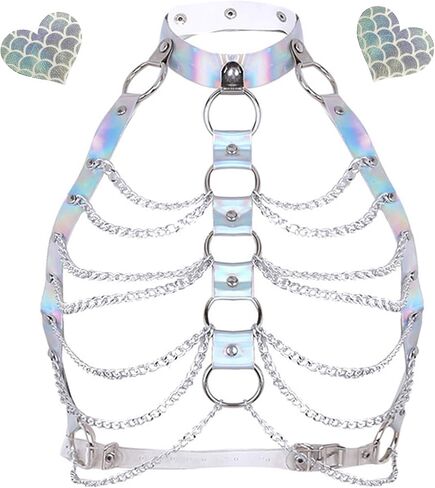 Women Festival Punk Waist Belt Body Chain Faux Leather Harness EDM Rave Clothes Choker Chain Holographic Caged Bra Belt in Saudi Arabia