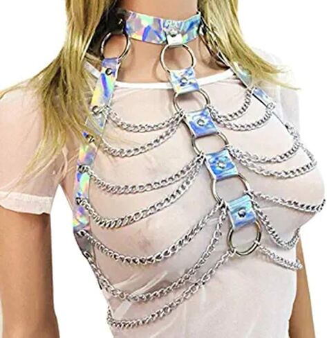 Women Festival Punk Waist Belt Body Chain Faux Leather Harness EDM Rave Clothes Choker Chain Holographic Caged Bra Belt in Saudi Arabia