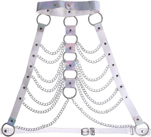 Women Festival Punk Waist Belt Body Chain Faux Leather Harness EDM Rave Clothes Choker Chain Holographic Caged Bra Belt in Saudi Arabia