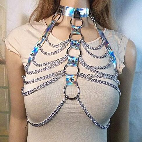 Women Festival Punk Waist Belt Body Chain Faux Leather Harness EDM Rave Clothes Choker Chain Holographic Caged Bra Belt in Saudi Arabia