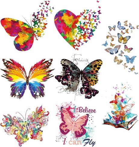 8 Large Sheets Colorful Butterfly Iron on Stickers Patches Cute Flying Animal Heat Transfer Stickers Decals DIY T-Shirt Jeans Backpacks Families Clothing Hat Decoration Applique in Saudi Arabia