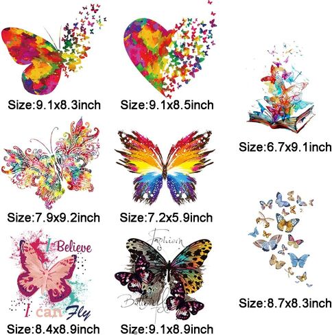 8 Large Sheets Colorful Butterfly Iron on Stickers Patches Cute Flying Animal Heat Transfer Stickers Decals DIY T-Shirt Jeans Backpacks Families Clothing Hat Decoration Applique in Saudi Arabia