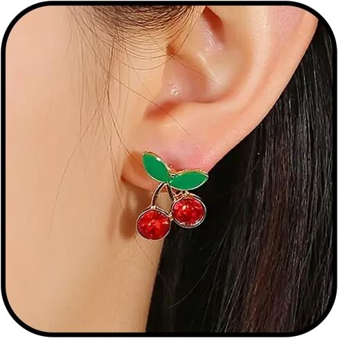 Cherry Stud Earrings for Women Red Cherry Pearl Earrings Small Cherry Green Leaf Stud Earrings Cute Crystal Cherry Earrings Fruit Earrings Summer Earrings for Women Girls Jewelry Gift in Saudi Arabia