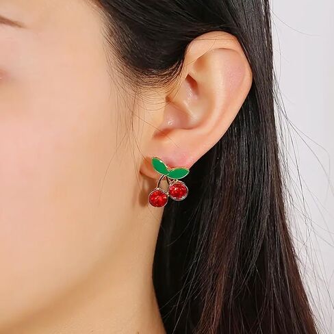 Cherry Stud Earrings for Women Red Cherry Pearl Earrings Small Cherry Green Leaf Stud Earrings Cute Crystal Cherry Earrings Fruit Earrings Summer Earrings for Women Girls Jewelry Gift in Saudi Arabia