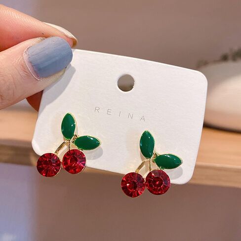 Cherry Stud Earrings for Women Red Cherry Pearl Earrings Small Cherry Green Leaf Stud Earrings Cute Crystal Cherry Earrings Fruit Earrings Summer Earrings for Women Girls Jewelry Gift in Saudi Arabia