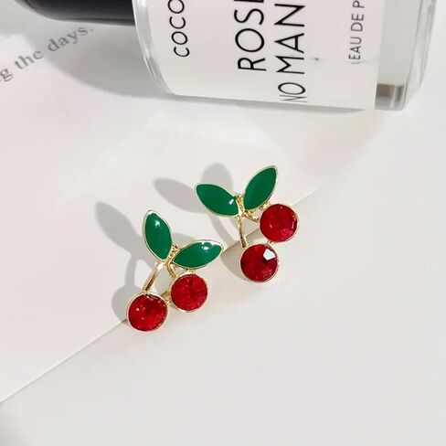 Cherry Stud Earrings for Women Red Cherry Pearl Earrings Small Cherry Green Leaf Stud Earrings Cute Crystal Cherry Earrings Fruit Earrings Summer Earrings for Women Girls Jewelry Gift in Saudi Arabia
