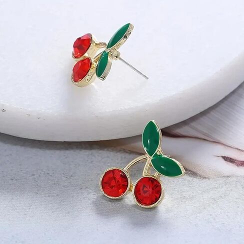 Cherry Stud Earrings for Women Red Cherry Pearl Earrings Small Cherry Green Leaf Stud Earrings Cute Crystal Cherry Earrings Fruit Earrings Summer Earrings for Women Girls Jewelry Gift in Saudi Arabia