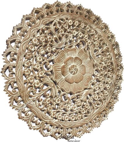 Tropical Bali Wood Carved Wall Art Plaque. Round Wood Wall Decor. Floral Wood Wall Hanging. 24" (Brown) in Saudi Arabia