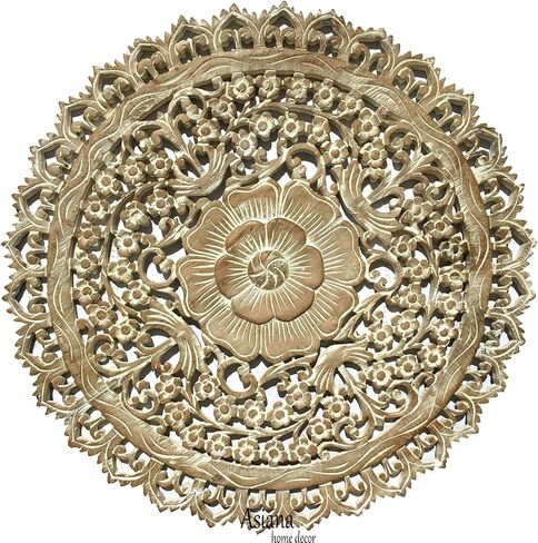Tropical Bali Wood Carved Wall Art Plaque. Round Wood Wall Decor. Floral Wood Wall Hanging. 24" (Brown) in Saudi Arabia