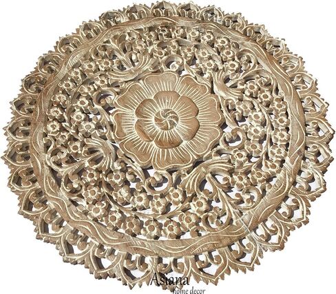 Tropical Bali Wood Carved Wall Art Plaque. Round Wood Wall Decor. Floral Wood Wall Hanging. 24" (Brown) in Saudi Arabia