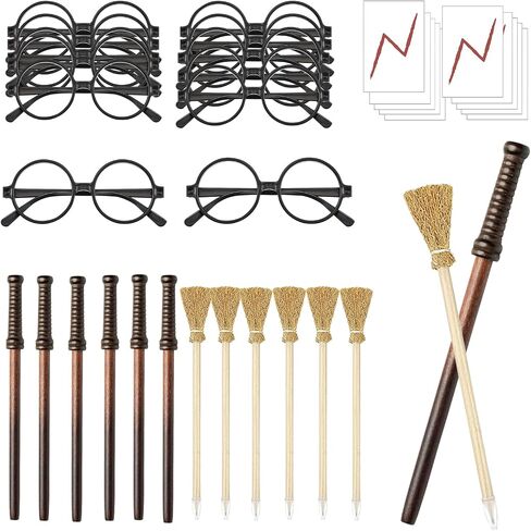 Wizard Party Favors 36 Pcs Wand and Witch Broom Pencils Lightning Bolt Tattoos Stickers Costume Glasses with Round Frame Wizard Wands for Halloween Birthday Magic Theme Party Supplies, Brown in Saudi Arabia