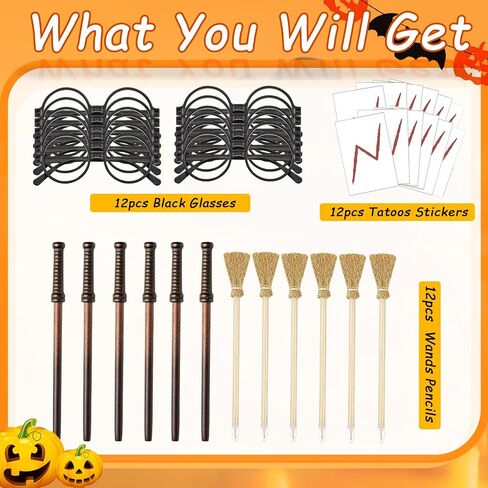 Wizard Party Favors 36 Pcs Wand and Witch Broom Pencils Lightning Bolt Tattoos Stickers Costume Glasses with Round Frame Wizard Wands for Halloween Birthday Magic Theme Party Supplies, Brown in Saudi Arabia