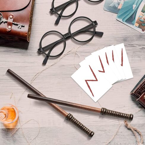 Wizard Party Favors 36 Pcs Wand and Witch Broom Pencils Lightning Bolt Tattoos Stickers Costume Glasses with Round Frame Wizard Wands for Halloween Birthday Magic Theme Party Supplies, Brown in Saudi Arabia