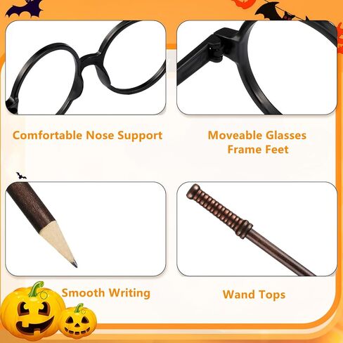 Wizard Party Favors 36 Pcs Wand and Witch Broom Pencils Lightning Bolt Tattoos Stickers Costume Glasses with Round Frame Wizard Wands for Halloween Birthday Magic Theme Party Supplies, Brown in Saudi Arabia
