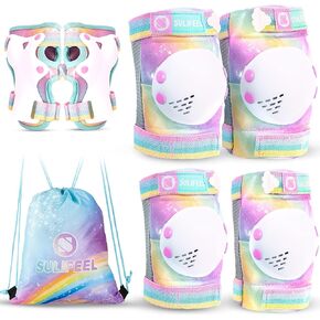 SULIFEEL Rainbow Unicorn Knee Pads for Kids Knee Elbow Pads Wrist Guards with Drawstring Bag Adjustable Protective Gear Set for Girls Boys Roller Skating Bike Cycling Skateboard Scooter Shiny Small