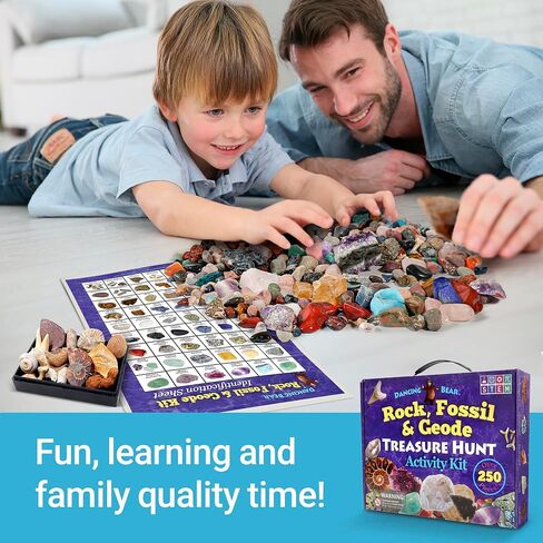 DANCING BEAR Rock, Mineral & Geodes Treasure Hunt Activity Kit (250 Pc Set) Real Shark Teeth Fossils, ID Sheet & Rock Book, STEM in Saudi Arabia