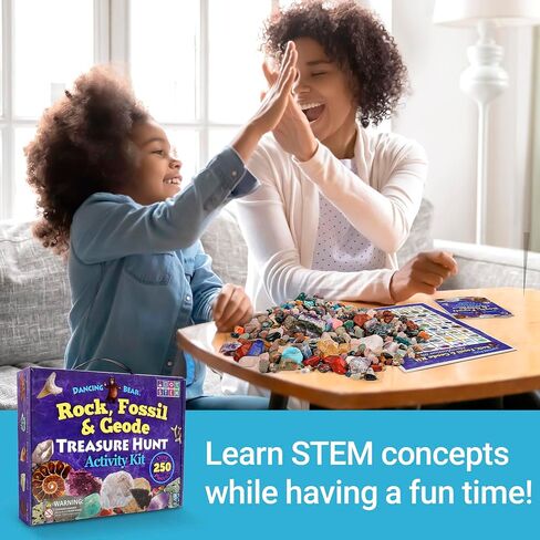 DANCING BEAR Rock, Mineral & Geodes Treasure Hunt Activity Kit (250 Pc Set) Real Shark Teeth Fossils, ID Sheet & Rock Book, STEM in Saudi Arabia