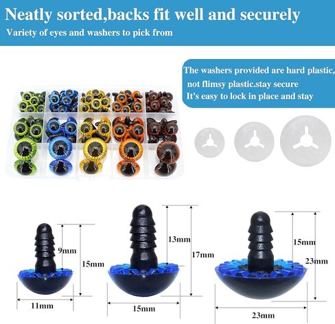 BESTCYC 1Box(80pcs) 3Size 5Colors Threaded Shank Design Plastic Safety Eyes Craft Eyes with Washers for Crafts DIY Amigurumi Stuffed Animal, Toy, Doll DIY Making Supplies (Blue+Green+Gold+Brown+Black) in Kuwait