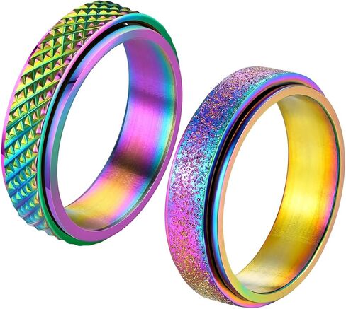 Anxiety Rings Fidget Ring for Women Spinner Rings for Anxiety 4Pcs 6MM Rainbow Titanium Steel Ring Size 5-11 in Kuwait