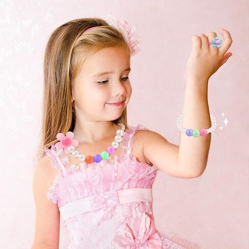 6 Sets Play Jewelry for Little Girls Princess Necklace Bracelet Set Includes Kid Beaded Necklace Bracelet with 8 Rings for Toddler Christmas Birthday Party Favors Cosplay(Mermaid, Rainbow Style) in Saudi Arabia